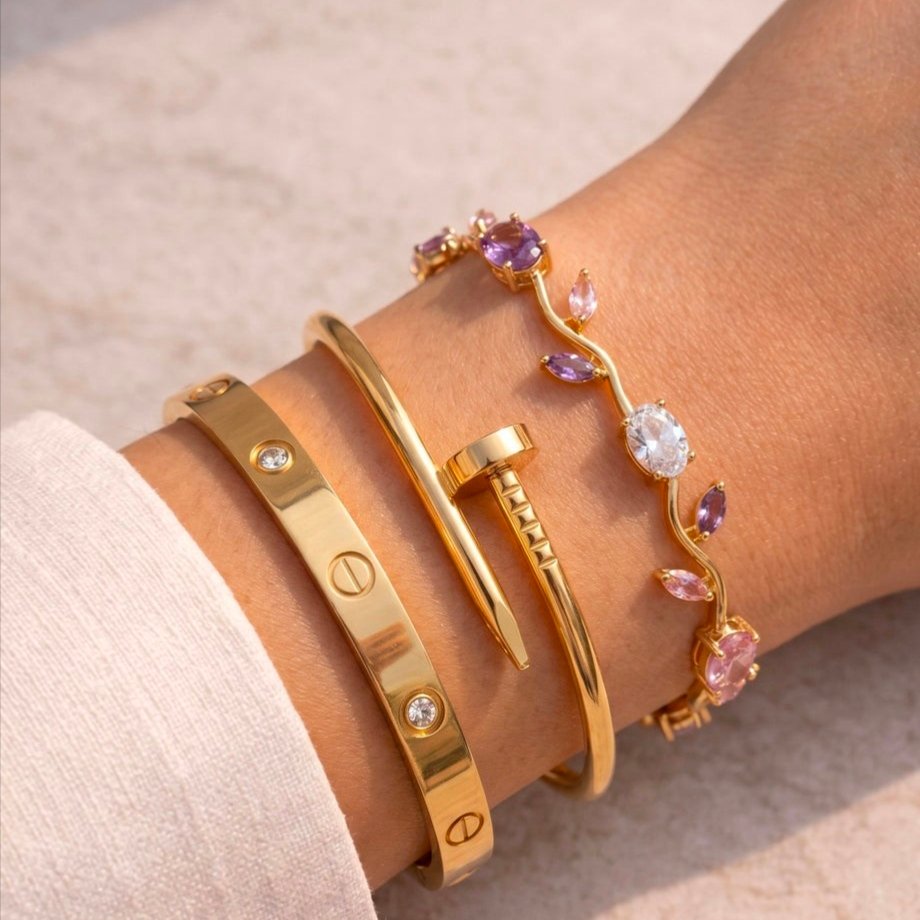 3-Piece Gold Plated Stacking Bracelet Set for Women - Love Bangle, Nail Cuff & Floral Crystal Bracelet Set